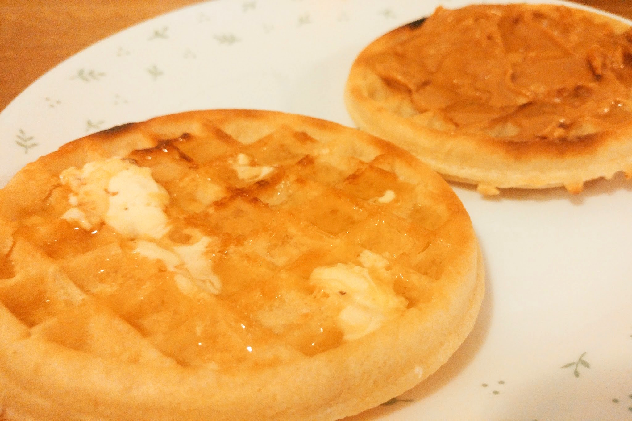 Eggo Waffles With Peanut Butter, Honey, and Salt